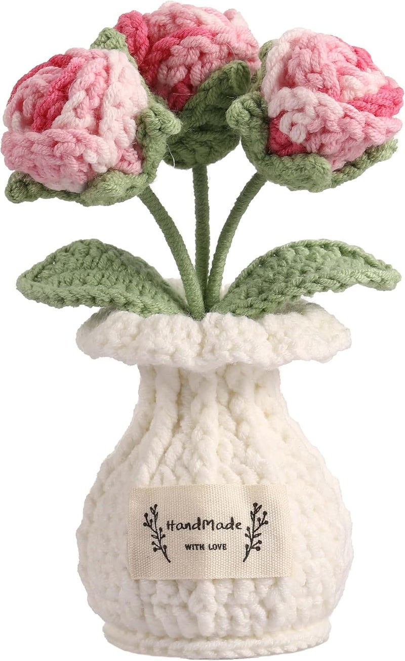 YOOJEE Crochet Flower Pot Valentines Day Gift for Women Him Her Boyfriend Girlfriend Couples Wife Husband Coworker Teacher Birthday Valentines Handmade Knitted Pink Rose Plant Home Decoration - Image 1